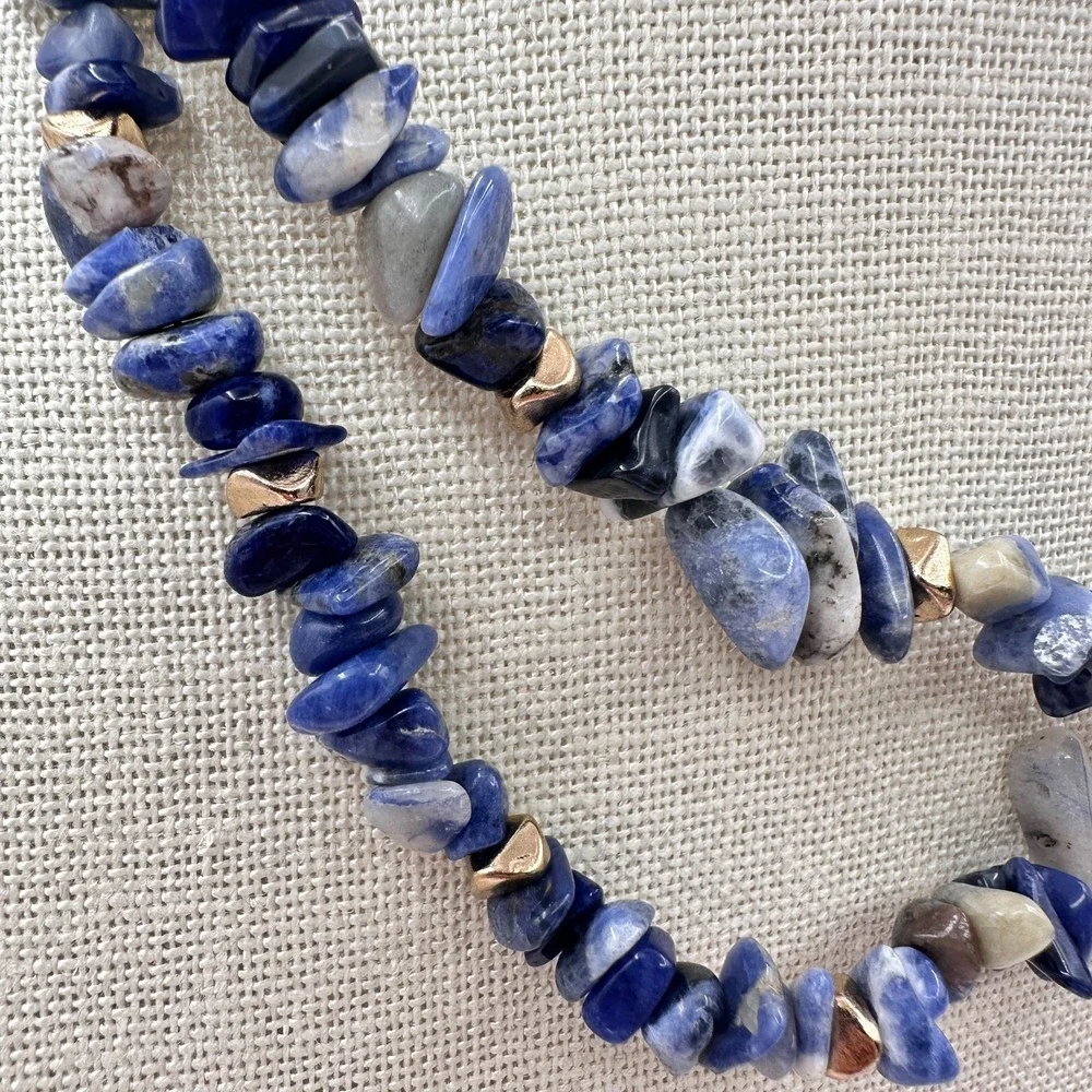 Vintage Y2K Gold Tone Double Strand Blue Sodalite Chip Chunky Necklace Jewelry